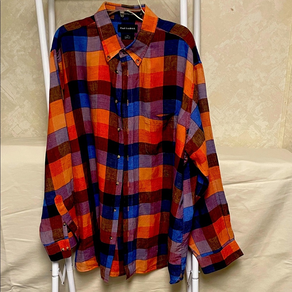 Paul Fredrick Vibrant Plaid Shirt - Orange, Blue, Red